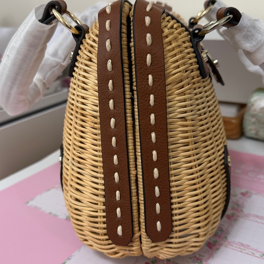 Etienne Aigner Woven Rattan Satchel Handbag in Tan and Brown - Picture 4 of 16